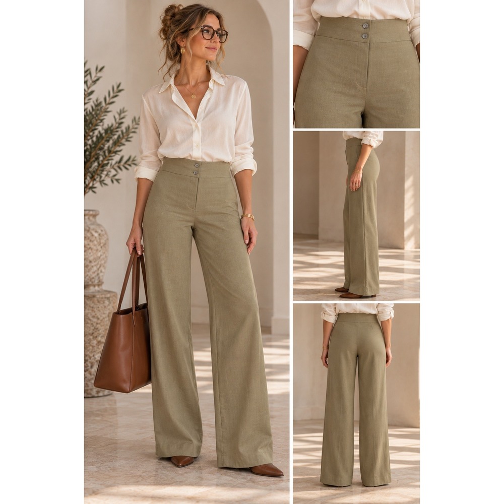 East 5th Slacks Womens 8 Petite Khaki Linen Blend Wide Leg Office Coastal Casual